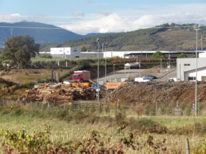 Photo of the  Fundão Biomass Plant showing a stack of whole logs outside the plant